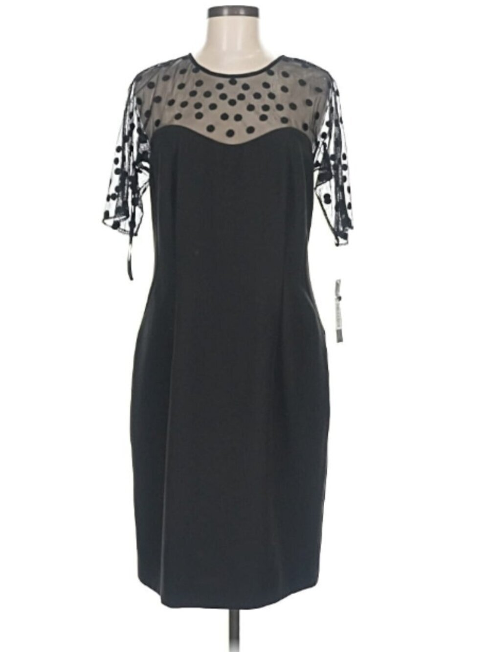 Tahari Arthur S Levine Black Dress Size 8 Sheer Polka Dot Mesh Yoke Sleeve NWT - Picture 1 of 7